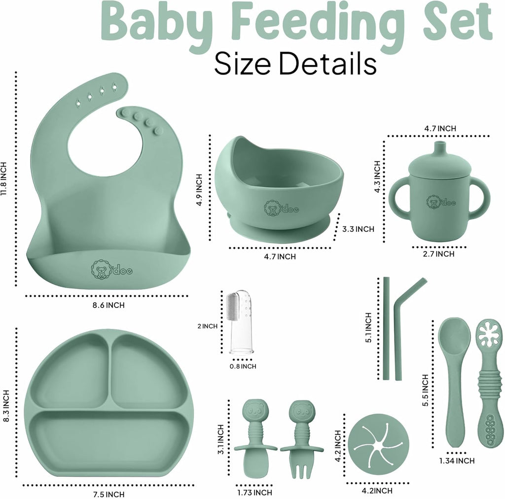 11-Piece Baby Weaning Set | Baby Led Weaning Feeding Supplies for Toddlers | Baby Feeding Set with Bpa-Free Suction Bowl, Silicone Baby Feeding Set, Spoons, Bibs, and Food Plate Kit | Green V1