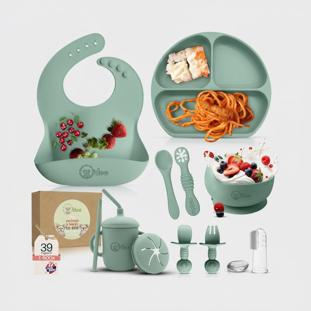 11-Piece Baby Weaning Set | Baby Led Weaning Feeding Supplies for Toddlers | Baby Feeding Set with Bpa-Free Suction Bowl, Silicone Baby Feeding Set, Spoons, Bibs, and Food Plate Kit | Green V1
