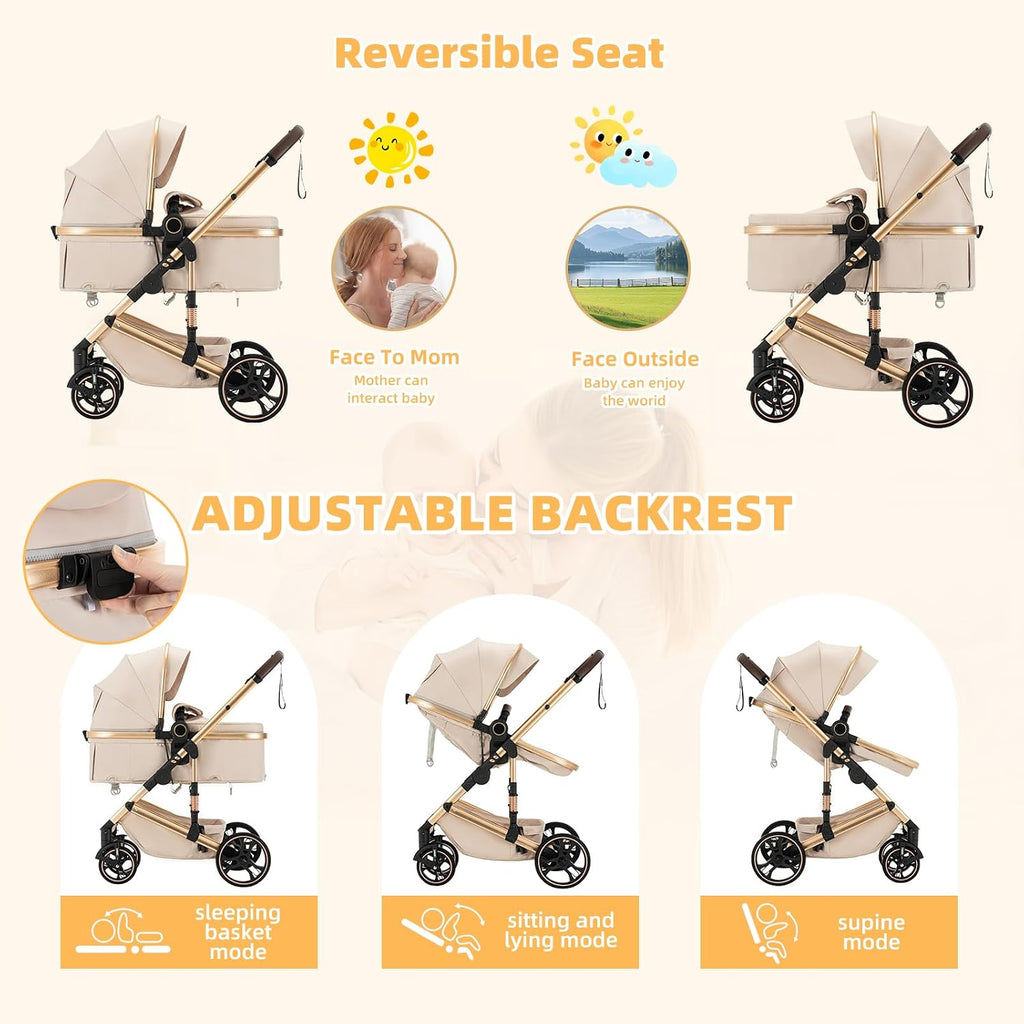 3 in 1 Baby Stroller with One-Touch Folding,3 in 1 Prams Travel System, Lightweight Foldable Pushchair, Prams with Aluminum Frame for Portable Baby Carriage (H9 Dark Grey, H9)