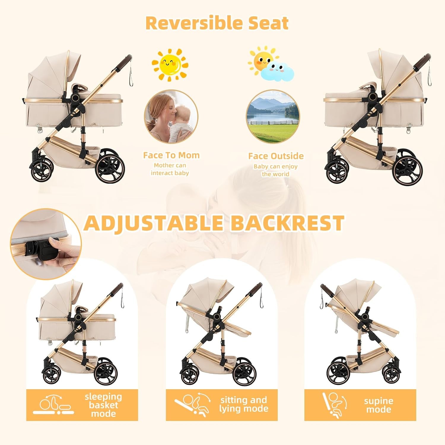 3 in 1 Baby Stroller with One-Touch Folding,3 in 1 Prams Travel System, Lightweight Foldable Pushchair, Prams with Aluminum Frame for Portable Baby Carriage (H9 Dark Grey, H9)