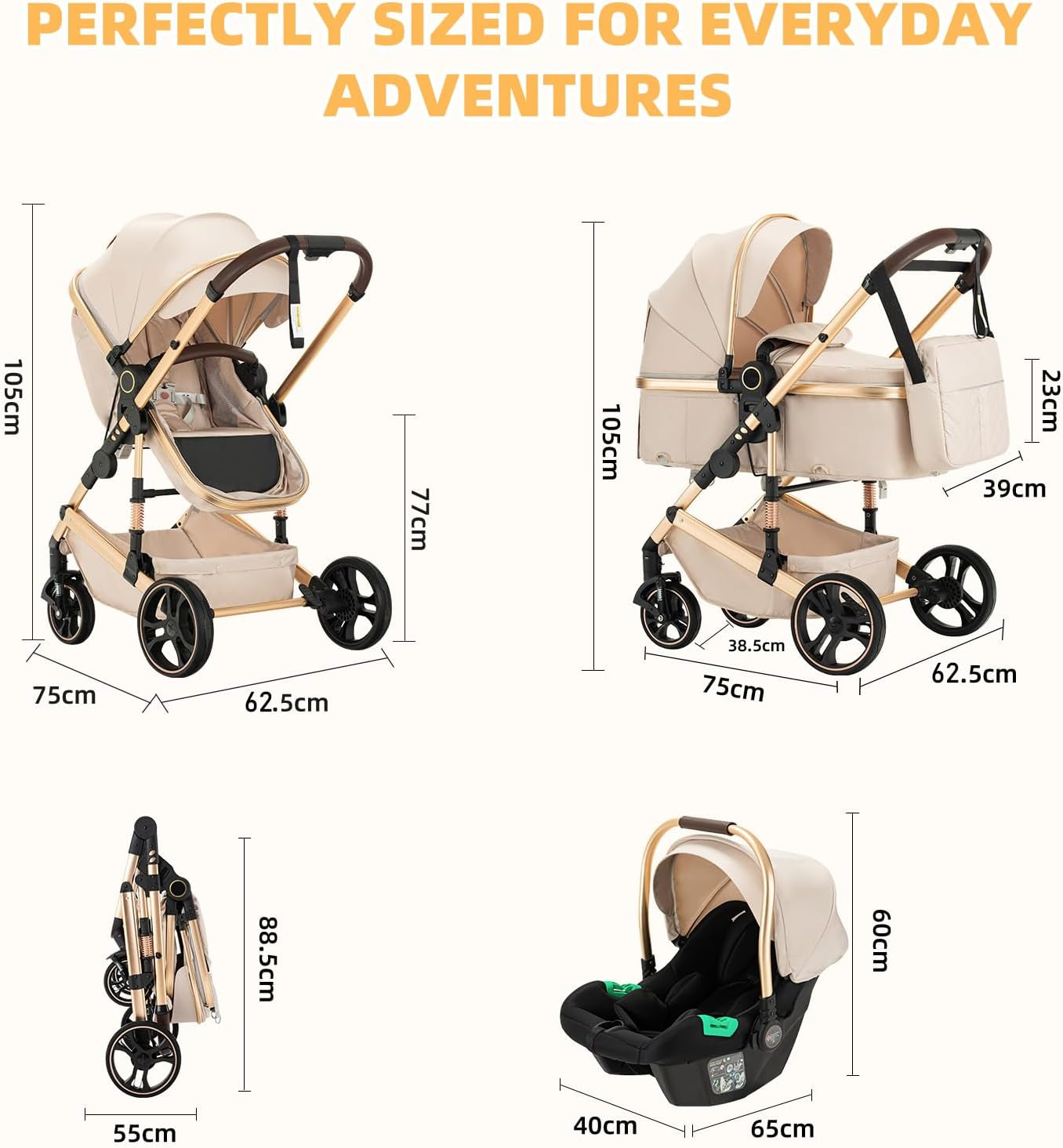 3 in 1 Baby Stroller with One-Touch Folding,3 in 1 Prams Travel System, Lightweight Foldable Pushchair, Prams with Aluminum Frame for Portable Baby Carriage (H9 Dark Grey, H9)